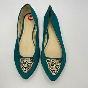 ALDO Teal Suede Leopard Head Flats Women 8.5 Pointed Toe Rhinestone Cheetah